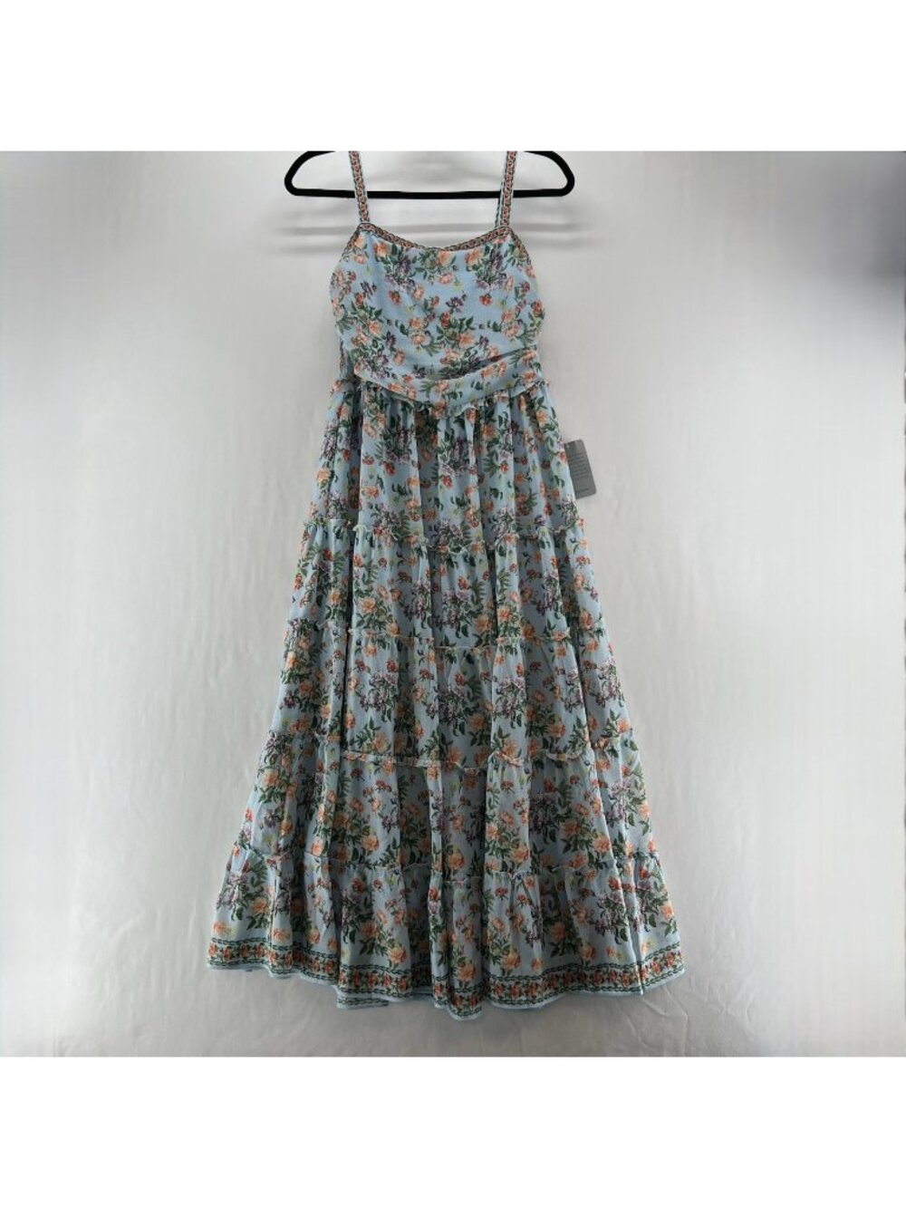 Max Studio Floral Tiered Midi Dress Women S Smocked Ruffle Lined Sleeveless Blue